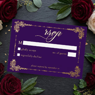 Vintage Ornate Purple Gold Scroll Gothic Wedding Foil RSVP Card