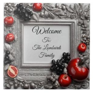 Vintage Ornate Silver Frame With Colorful Fruit  Ceramic Tile