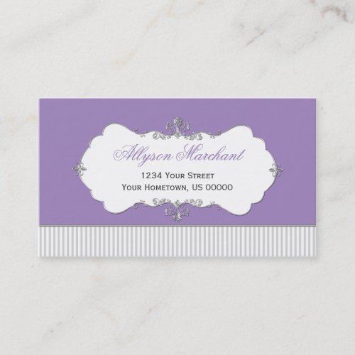 Vintage Ornate Silver Swirls Purple Gray Stripes Business Card Templates