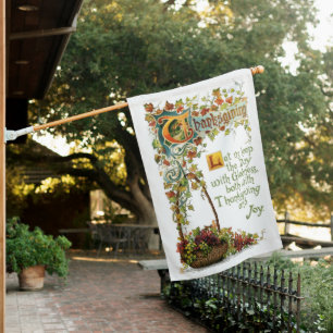 Vintage Ornate Thanksgiving Text w/Fall Foliage House Flag