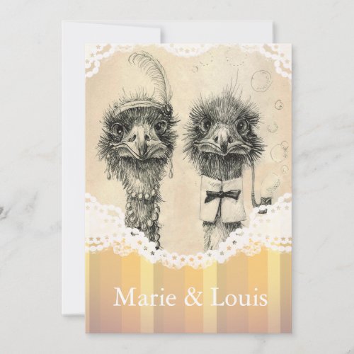 Vintage ostrich couple - pale orange personalized announcements