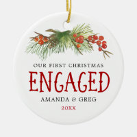 Vintage Our First Christmas Engaged Couple Photo Ceramic Ornament