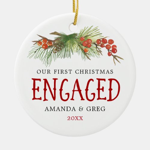 Vintage Our First Christmas Engaged Couple Photo Ceramic Ornament