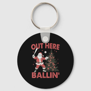 Vintage Out Here Ballin' Santa Playing Baseball Ch Keychain