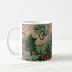 Vintage Outdoor Pattern: Hikers, Bicycles Coffee Mug
