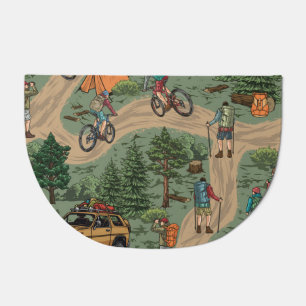 Vintage Outdoor Pattern: Hikers, Bicycles Doormat