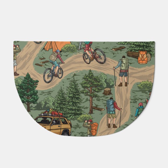 Vintage Outdoor Pattern: Hikers, Bicycles Doormat (Front)