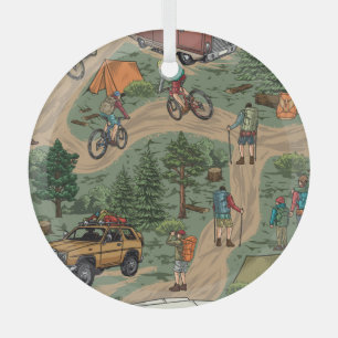 Vintage Outdoor Pattern: Hikers, Bicycles Glass Ornament