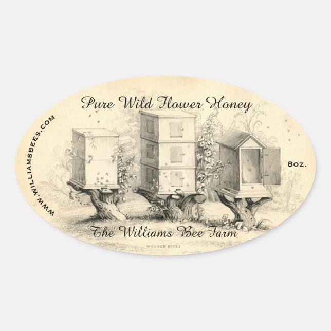 Vintage Oval Bee Hives Honey Jar Sticker (Front)