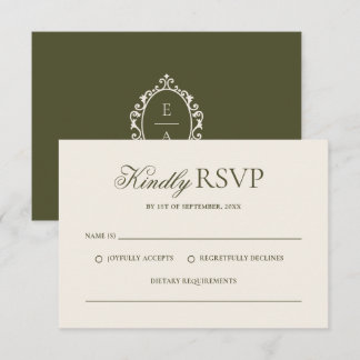 Vintage Oval Crest Olive Green Old Money Wedding RSVP Card