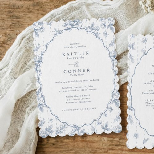 Vintage Oval Dusty Blue French Floral Wedding Invitation