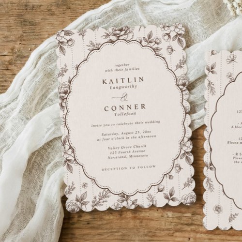 Vintage Oval Espresso Brown French Floral Wedding Invitation
