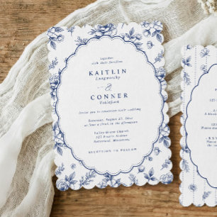Vintage Oval Navy Blue French Floral Wedding Invitation