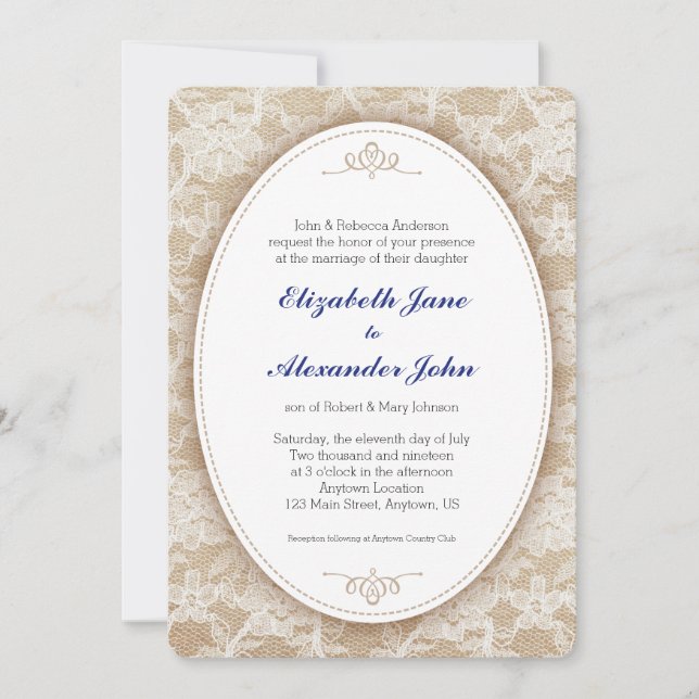 Vintage Oval on Burlap and Lace Wedding Invitation (Front)