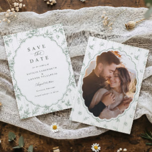 Vintage Oval Sage Green French Floral Wedding Save The Date