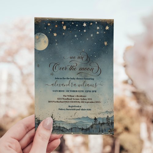 Vintage Over the Gold Moon Blue Baby Invitation