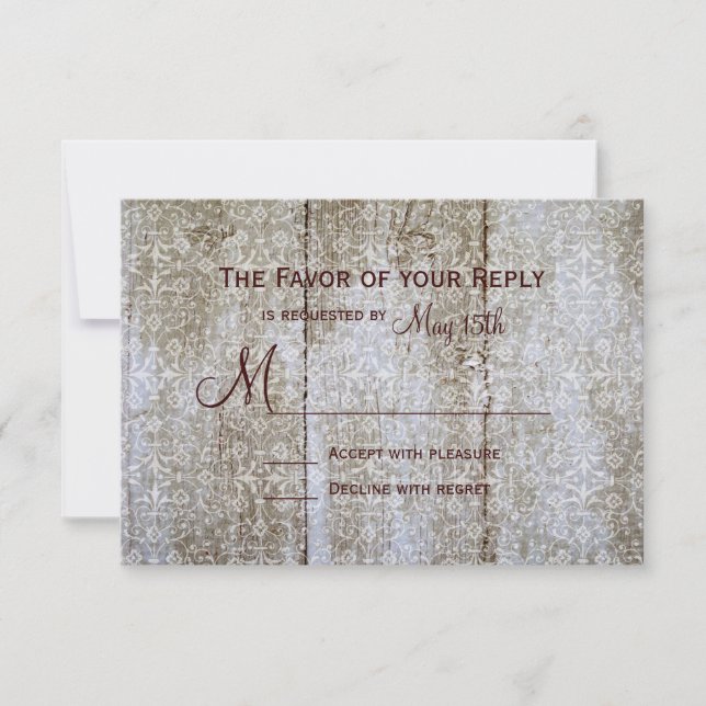 Vintage Overlay Distressed Wood Wedding RSVP Cards (Front)