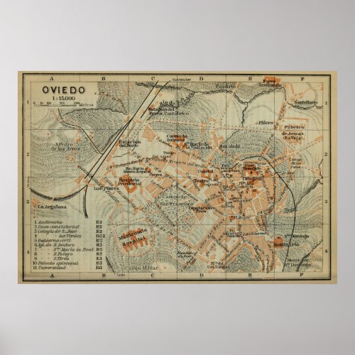 Vintage Oviedo Spain Map 1913 Poster