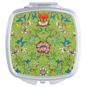 Vintage Owen Jones Chinese Ornament Green Floral Compact Mirror