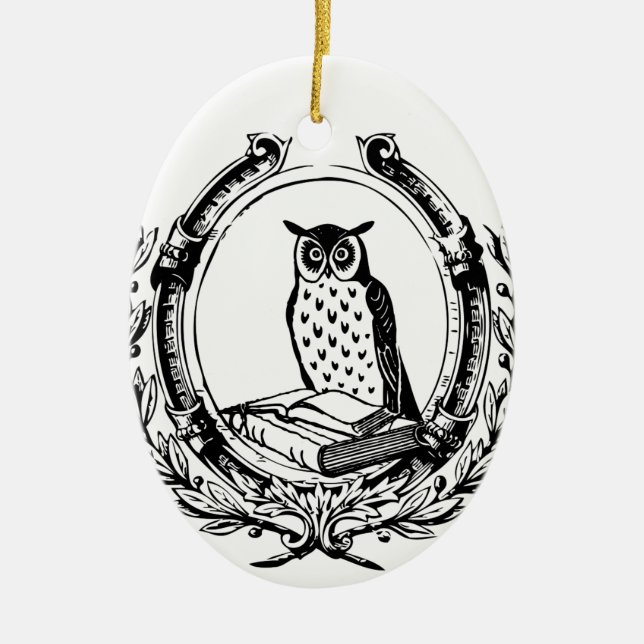 Vintage Owl and Book Bookplate Ceramic Ornament (Front)