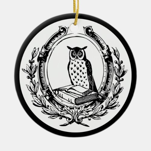 Vintage Owl and Book Bookplate Ceramic Ornament