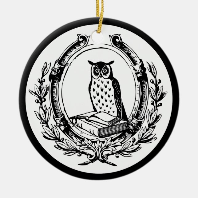 Vintage Owl and Book Bookplate Ceramic Ornament (Front)