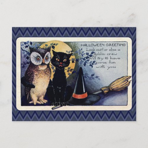 Vintage Owl and Cat Halloween Greeting Postcard
