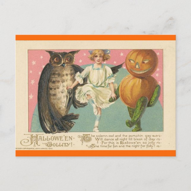 Vintage Owl and goblin Halloween Holiday Postcard (Front)