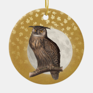 Vintage Owl and Moon on Gold with Glittery Leaves Ceramic Ornament