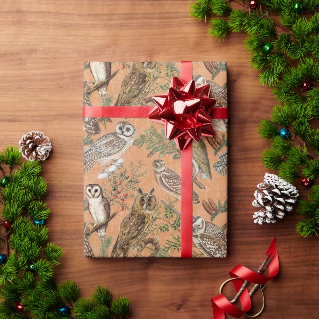  Vintage Owl and Pine Tree  Wrapping Paper (Holiday Gift)