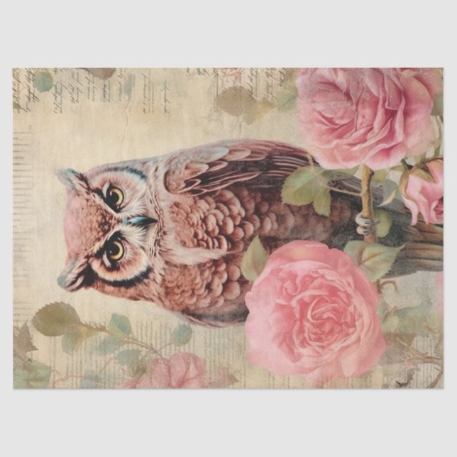 Vintage Owl and Pink Roses Decoupage Tissue Paper (Front)