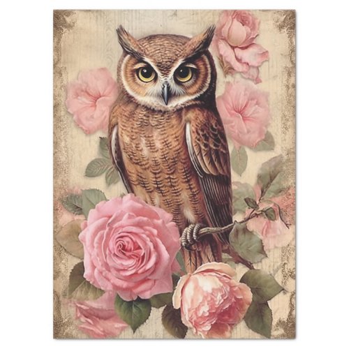 Vintage Owl and Pink Roses Decoupage Tissue Paper