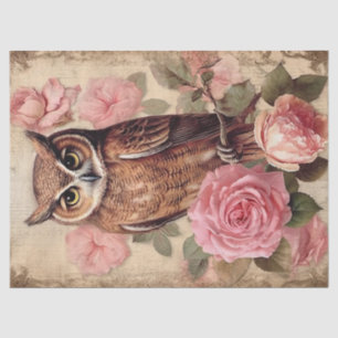 Vintage Owl and Pink Roses Decoupage Tissue Paper