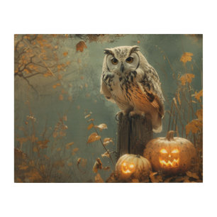 Vintage Owl and Pumpkins Autumn Halloween Wood Wall Art