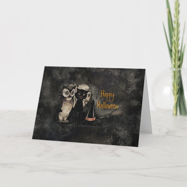 Vintage Owl & Cat Halloween Card (Front)