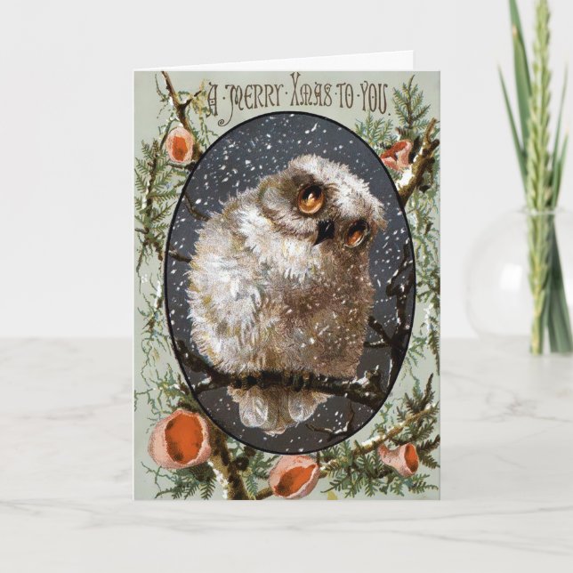 Vintage Owl Christmas Holiday Card (Front)