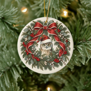 Vintage Owl Christmas Wreath Ceramic Ornament