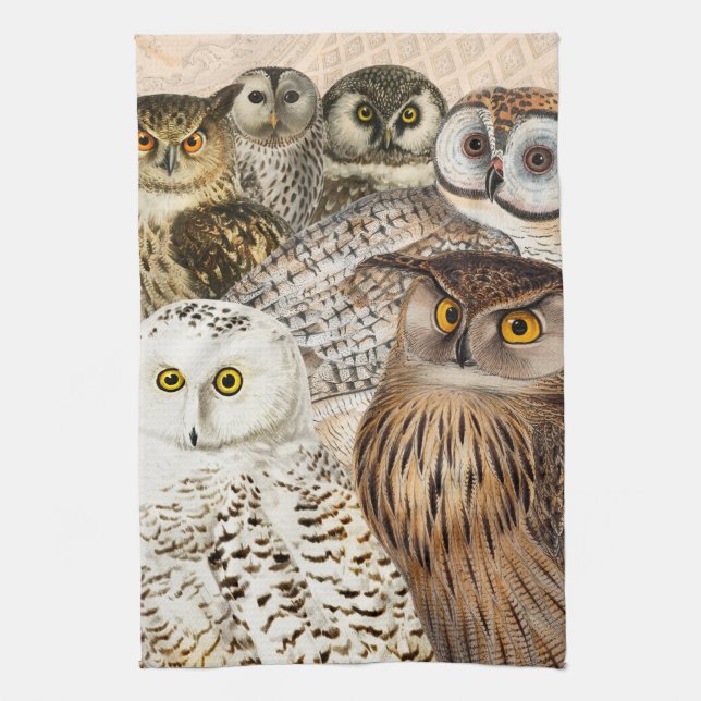 Vintage Owl Collage Kitchen Towel (Vertical)