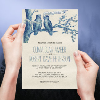Vintage Owl Couple in Tree Wedding Invites