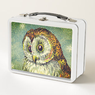 Vintage owl cute illustration barn owl teal brown  metal lunch box