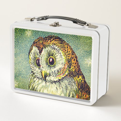 Vintage owl cute illustration barn owl teal brown  metal lunch box