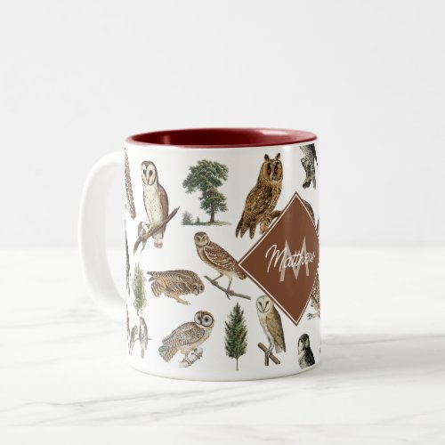Vintage Owl Forest Pattern Monogram  Two_Tone Coffee Mug