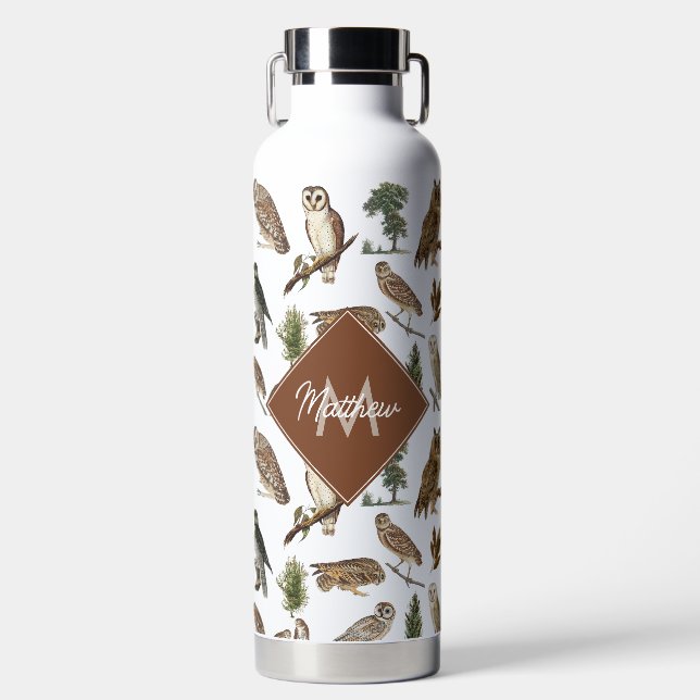 Vintage Owl Forest Pattern Monogram  Water Bottle (Front)