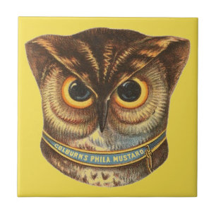 Vintage owl illustration advertisement yellow ceramic tile
