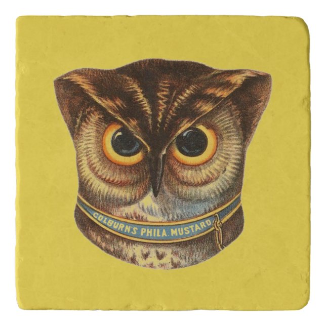 Vintage owl illustration mustard advertisement  trivet (Front)