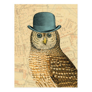 Vintage Owl in Green Derby Hat Postcard