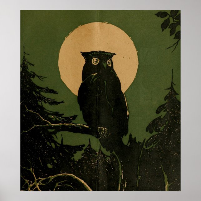 Vintage Owl in Moonlight Halloween Art Poster (Front)