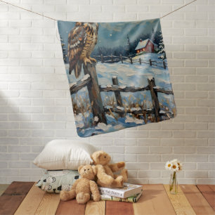 Vintage Owl on Fence Over Frozen Christmas Field Baby Blanket