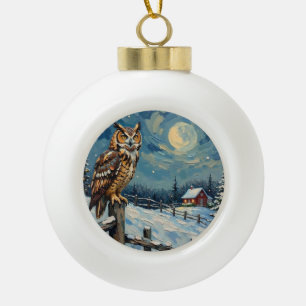 Vintage Owl on Fence Over Frozen Christmas Field Ceramic Ball Christmas Ornament