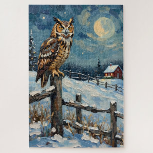 Vintage Owl on Fence Over Frozen Christmas Field Jigsaw Puzzle